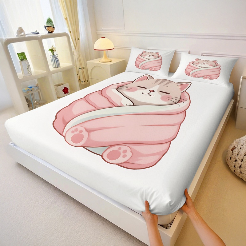 Cute Cat Print Fitted Sheet Se - Fitted Bed Sheets Deep Pocket ulasan dan harga