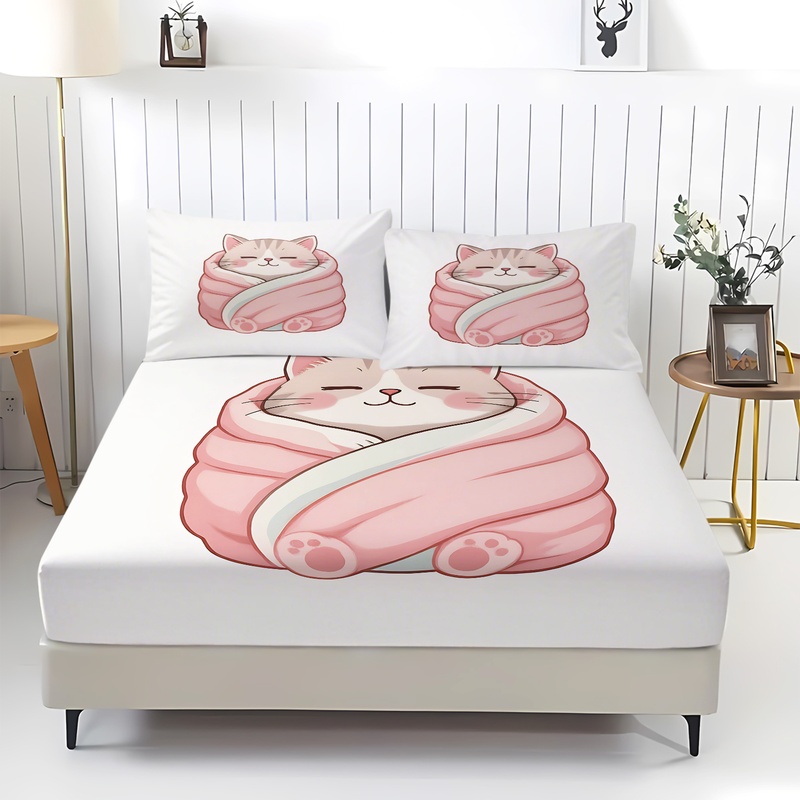 Cute Cat Print Fitted Sheet Se - Fitted Bed Sheets Deep Pocket ulasan dan harga