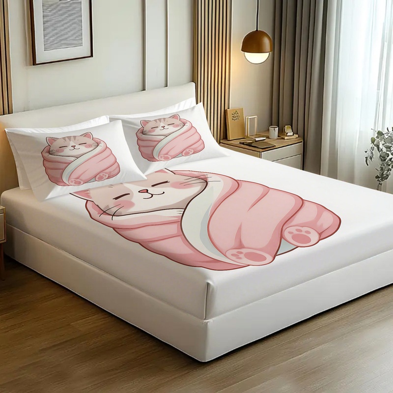 Cute Cat Print Fitted Sheet Se - Fitted Bed Sheets Deep Pocket ulasan dan harga